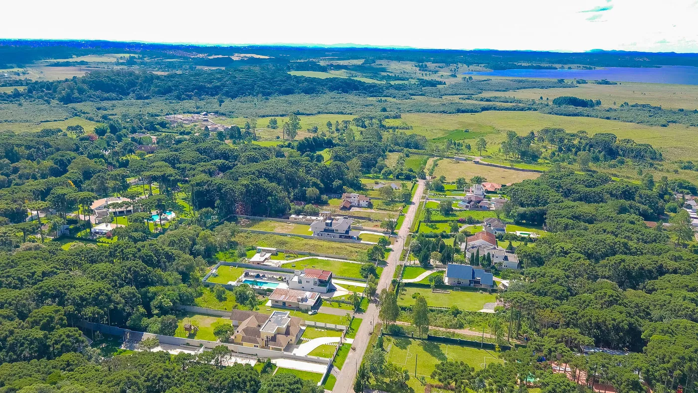 Vista aérea da avenida principal do condomínio, com casas entre a mata